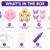 Butterfly birthday decoration kit contents including pink, purple, peach and white balloons, butterfly stickers, banner and accessories.