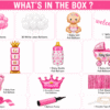 Welcome baby girl decoration kit with pink and white balloons, Welcome Baby banner, baby foil balloon, foil curtain and party accessories
