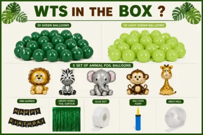 Jungle Theme Birthday Decoration Kit with 60 Green Balloons and Animal Foils