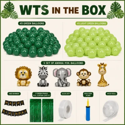 Jungle Theme Birthday Decoration Kit with Green Balloons and Animal Foils