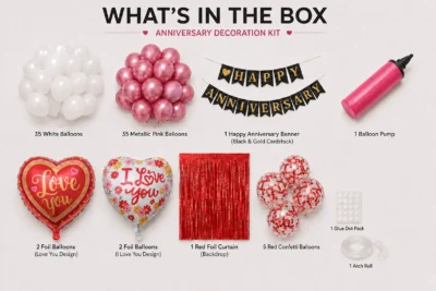 87 Pcs pink white anniversary decoration kit contents with balloons, banner, foil curtain, pump and arch roll
