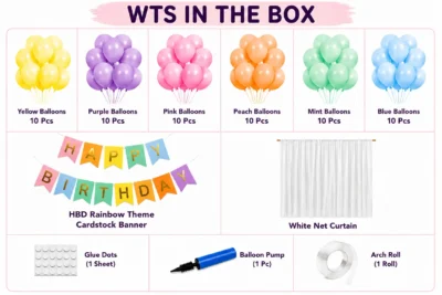 Pastel Rainbow Birthday Decoration Kit with 60 Balloons and Net Curtain