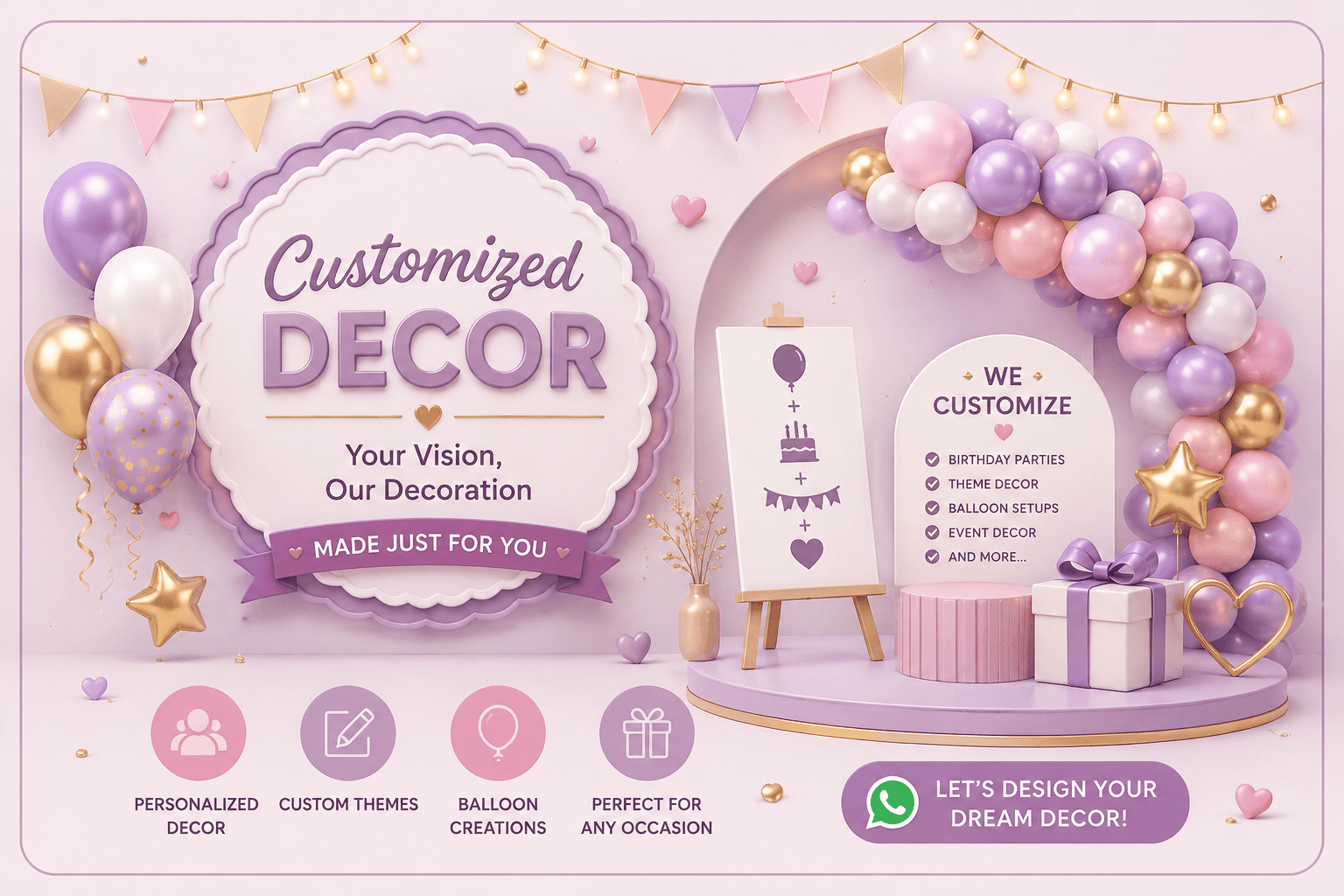 Customized birthday decoration category banner with pastel balloons, theme party setup and personalized birthday decor