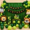 jungle-theme-49-optimized Jungle safari theme happy birthday decoration with green balloons, animal foil balloons, fringe curtain and birthday banner for kids party setup.