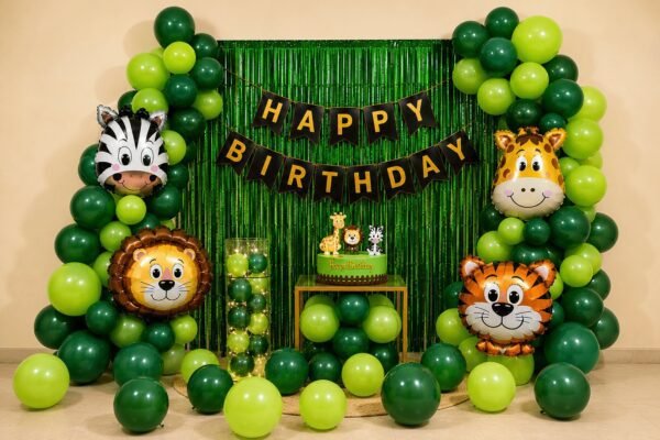 jungle-theme-49-optimized Jungle safari theme happy birthday decoration with green balloons, animal foil balloons, fringe curtain and birthday banner for kids party setup.