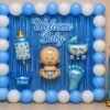 welcome-baby-boy-72-optimized Welcome baby boy decoration with blue and white balloons, blue foil curtain, baby foil balloons, boy stand and party backdrop.