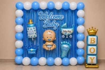 Welcome baby boy decoration with blue and white balloons, blue foil curtain, baby foil balloons, boy stand and party backdrop.