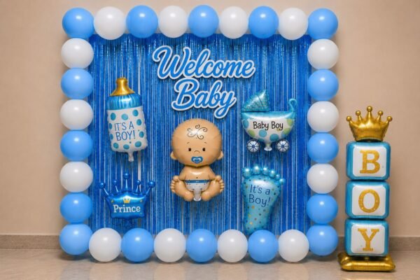 welcome-baby-boy-72-optimized Welcome baby boy decoration with blue and white balloons, blue foil curtain, baby foil balloons, boy stand and party backdrop.