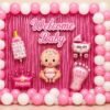 welcome-baby-girl-72-optimized Welcome baby girl decoration with pink and white balloons, pink foil curtain, baby girl foil balloons, girl stand and party backdrop.