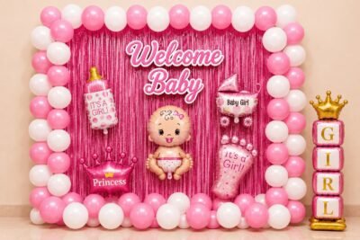 welcome-baby-girl-72-optimized Welcome baby girl decoration with pink and white balloons, pink foil curtain, baby girl foil balloons, girl stand and party backdrop.