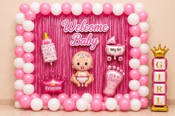 welcome-baby-girl-72-optimized Welcome baby girl decoration with pink and white balloons, pink foil curtain, baby girl foil balloons, girl stand and party backdrop.