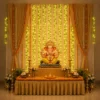 Hanging Green Leaf LED Ganpati Backdrop Green leaf LED curtain lights hanging behind Ganpati decoration