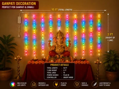Multicolor LED decoration light for Ganpati with 10 ft length, 10 hanging lines and 2 ft drop