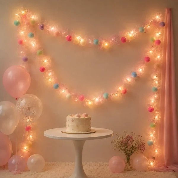 pink-pom-pom-led-birthday-decoration Pastel Pom Pom LED String Light with Pink Mesh – Warm White Fairy Lights for Home & Room Décor