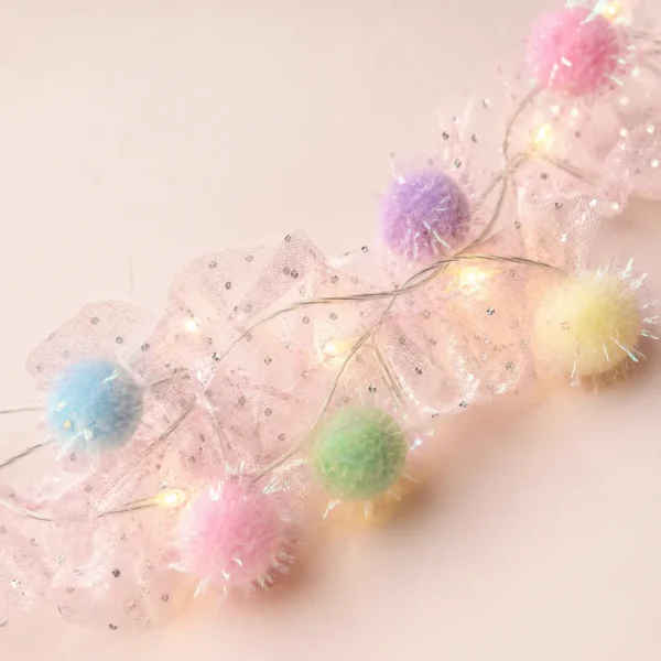pink-pom-pom-led-light-closeup Pastel Pom Pom LED String Light with Pink Mesh – Warm White Fairy Lights for Home & Room Décor