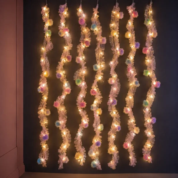 pink-pom-pom-led-light-hanging-view Pastel Pom Pom LED String Light with Pink Mesh – Warm White Fairy Lights for Home & Room Décor