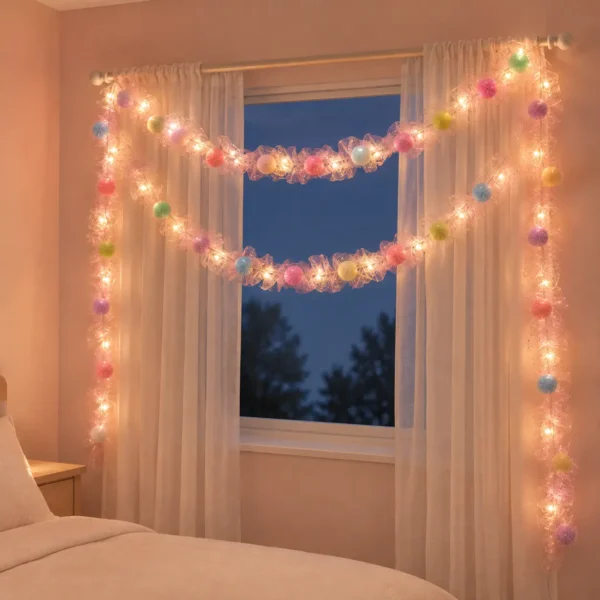 pink-pom-pom-led-window-decoration Pastel Pom Pom LED String Light with Pink Mesh – Warm White Fairy Lights for Home & Room Décor